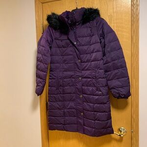 Lands' End Women's Deep Purple Puffer Coat with Black Faux Fur